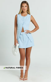 Nicolina Top - Linen Scoop Neck Button Down Vest Top in Pale Blue