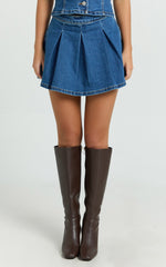 Nikita Mini Skirt - Mid Waisted Denim Box Pleat Skirt in Dark Blue Wash
