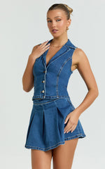 Nikita Top - Button Down Denim Vest Top in Dark Blue Wash
