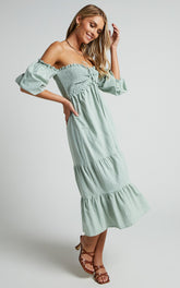 Nikka Midi Linen Blend Dress - Shirred Off Shoulder Puff Sleeve Dress in Sage