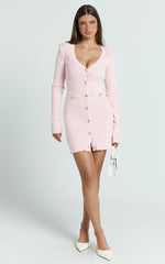 Nikka Mini Dress - Long Sleeve V Neck Bodycon Knit Dress in Pink