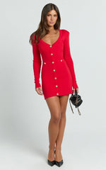 Nikka Mini Dress - Long Sleeve V Neck Bodycon Knit Dress in Red