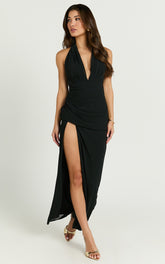 Nikki Maxi Dress - Halter Thigh Split Wrap Dress in Black