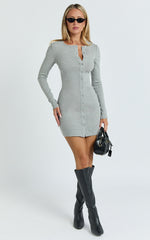 Nikola Mini Dress - Long Sleeve Placket Front Bodycon Dress in Grey Marle