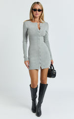 Nikola Mini Dress - Long Sleeve Placket Front Bodycon Dress in Grey Marle