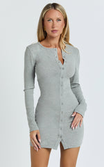 Nikola Mini Dress - Long Sleeve Placket Front Bodycon Dress in Grey Marle