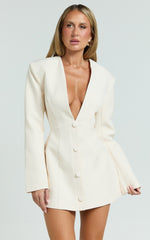 Ninette Mini Dress - V Neck Tulip Hem Blazer Dress in Cream