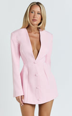 Ninette Mini Dress - V Neck Tulip Hem Blazer Dress in Pink