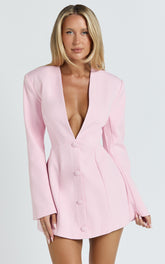Ninette Mini Dress - V Neck Tulip Hem Blazer Dress in Pink