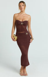 Noa Two Piece Set - Knit Starfish Strapless Top and Maxi Skirt Set in Brown