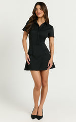 Noemie Mini Dress - Short Sleeve Faux Wrap Dress in Black