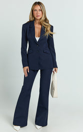 Nola Pants - Mid Waisted Pleated Flare Pants in Navy