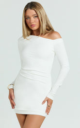 Nori Mini Dress - One Shoulder Long Sleeve Bodycon Dress in Off White