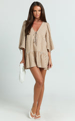 Nour Mini Dress - High Neck Tie Front Drop Waist Gathered Skirt Dress in Caramel/White Gingham