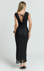 Nova Midi Dress - Lace Cowl Neck Tie Back Dress in Black