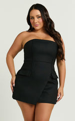 Octavia Mini Dress - Strapless A Line Wrap Skirt Dress in Black