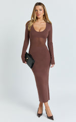 Odessa Midi Dress - U Neck Long Fitted Sleeve Sheer Waist Fitted Knit Dress in Chocolate
