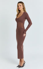 Odessa Midi Dress - U Neck Long Fitted Sleeve Sheer Waist Fitted Knit Dress in Chocolate