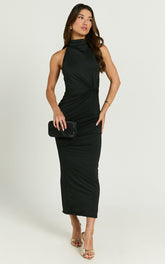 Olenna Midi Dress - Halter Neck Twist Detail Tie Back Dress in Black