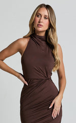 Olenna Midi Dress - Halter Neck Twist Detail Tie Back Dress in Chocolate