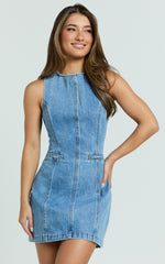 Olenna Mini Dress - High Neck Fitted Denim Dress in Mid Blue Wash