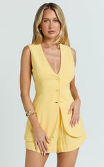 Olivia Top - Longline Linen V Neck Back Tie Vest Top in Lemon
