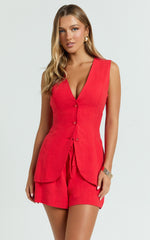 Olivia Top - Longline Linen V Neck Back Tie Vest Top in Red
