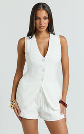 Olivia Top - Longline Linen V Neck Back Tie Vest Top in White