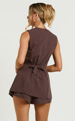Olivia Top - Longline Linen V Neck Back Tie Vest Top in Chocolate