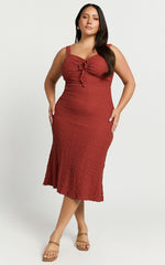Olsen Midi Dress - Textured Wide Strap Tie Front Dress in Burnt Rust
