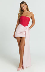 Olympia Mini Dress - Contrast Draped Strapless Fit And Flare Dress in Red/Pink