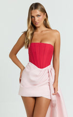 Olympia Mini Dress - Contrast Draped Strapless Fit And Flare Dress in Red/Pink
