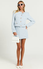 Olympia Mini Skirt - High Waisted A Line Boucle Skirt in Pale Blue