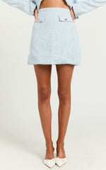 Olympia Mini Skirt - High Waisted A Line Boucle Skirt in Pale Blue