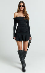 Ophelia Mini Dress - Off Shoulder Flip Skirt Jersey Ruched Dress in Black