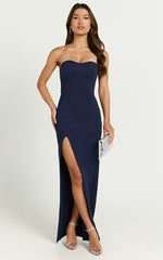 Oriella Maxi Dress - Panelled Thigh Split Strapless Dress in Navy
