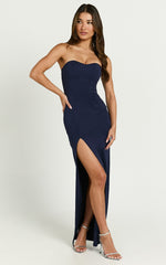 Oriella Maxi Dress - Panelled Thigh Split Strapless Dress in Navy