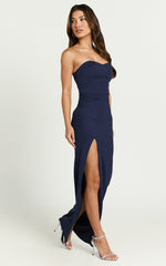 Oriella Maxi Dress - Panelled Thigh Split Strapless Dress in Navy