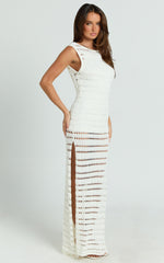 Orlando Maxi Dress - Boat Neck Low Back Side Split Knit Dress in Off White