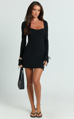 Oscar Mini Dress - Long Tie Sleeve Square Neck Dress in Black