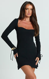 Oscar Mini Dress - Long Tie Sleeve Square Neck Dress in Black