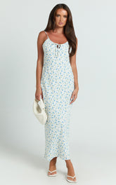 Owen Maxi Dress - Strappy Scoop Neck Tie Front Bias Skirt Dress in Blue Ditsy Floral