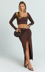 Owen Two Piece Top and Skirt Set - Long Sleeve Crop Top and Knot Front Maxi Skirt Set in Chocolate