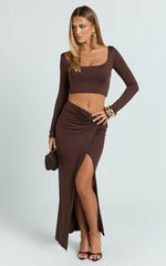 Owen Two Piece Top and Skirt Set - Long Sleeve Crop Top and Knot Front Maxi Skirt Set in Chocolate