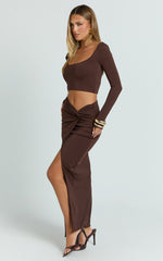 Owen Two Piece Top and Skirt Set - Long Sleeve Crop Top and Knot Front Maxi Skirt Set in Chocolate