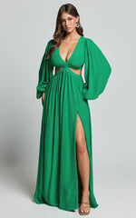 Paige Maxi Dress - Side Cut Out Balloon Sleeve Dress in Green