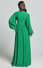 Paige Maxi Dress - Side Cut Out Balloon Sleeve Dress in Green