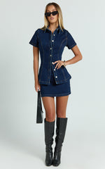 Paige Top - Button Down Short Sleeve Denim Top in Dark Blue Wash