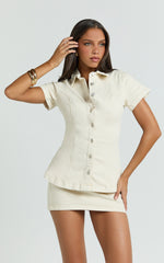 Paige Top - Button Down Short Sleeve Denim Top in Ecru