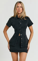 Paige Top - Button Down Short Sleeve Denim Top in Washed Black